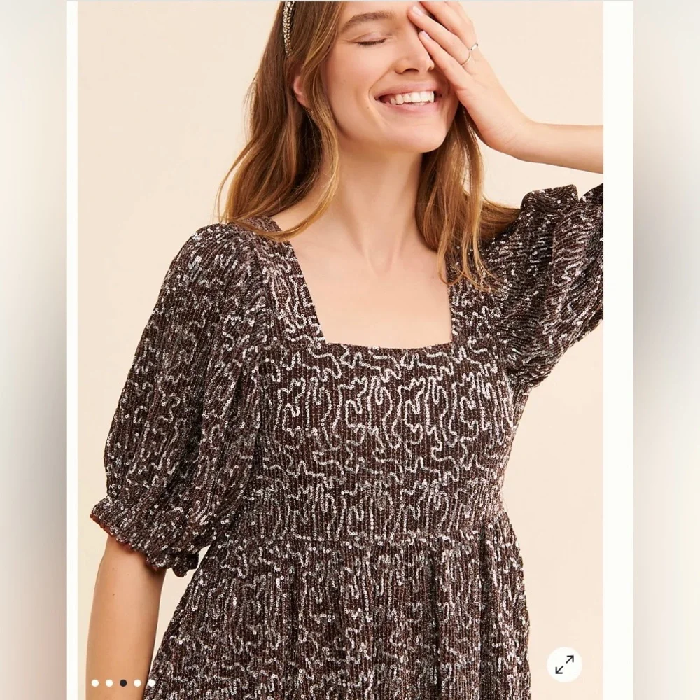 Anthropologie Moon River Women’s Sequin Babydoll‎ Mini Dress Brown Silver Sz S